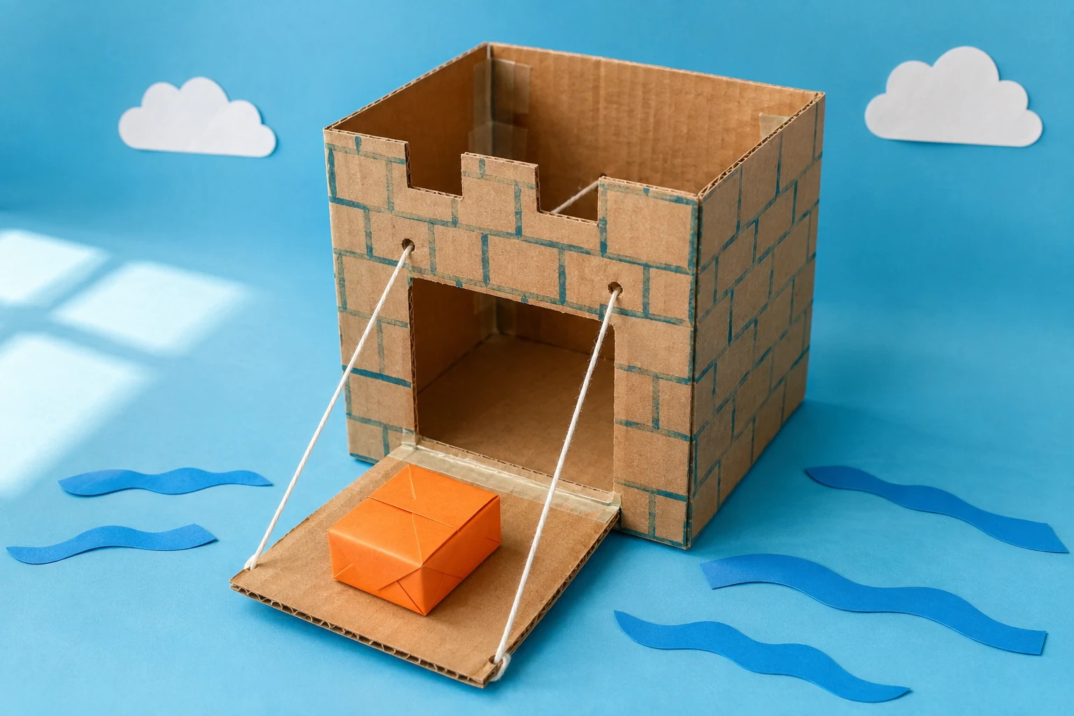 A cardboard castle with an orange drawbridge and string controls.